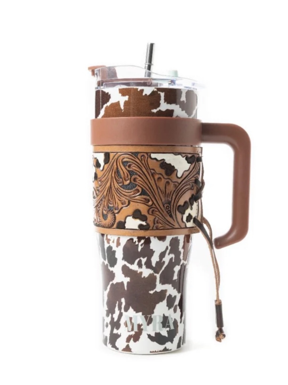Brown Cowhide Pattern Insulated Travel Mug with Leather Wrap